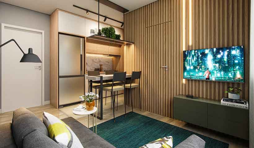 Perspectiva ilustrada do apartamento de 2 dormitórios de 35 m² do Fit Casa Estação José Bonifácio, com sugestão de decoração