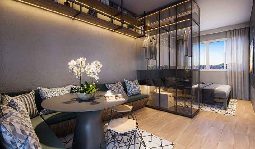 Perspectiva ilustrada do studio de 26 m² do Fit Casa Estação José Bonifácio, com sugestão de decoração