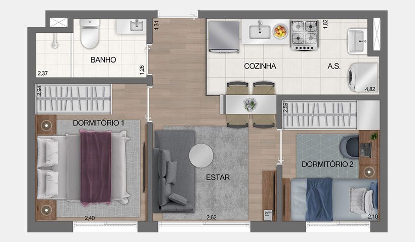 Planta do apartamento de 2 dormitórios de 35 m² (final 11, Torre 1) do Fit Casa Estação José Bonifácio