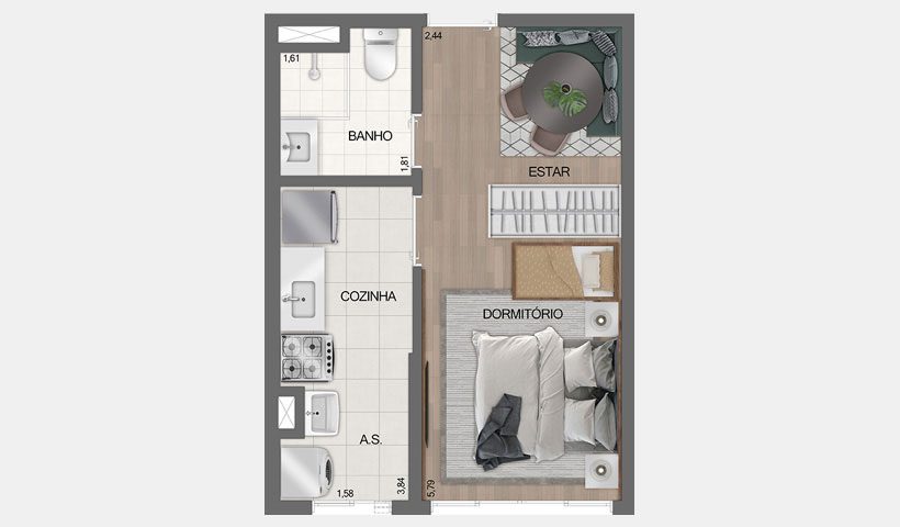 Planta do studio de 26 m² com berço do Fit Casa Estação José Bonifácio