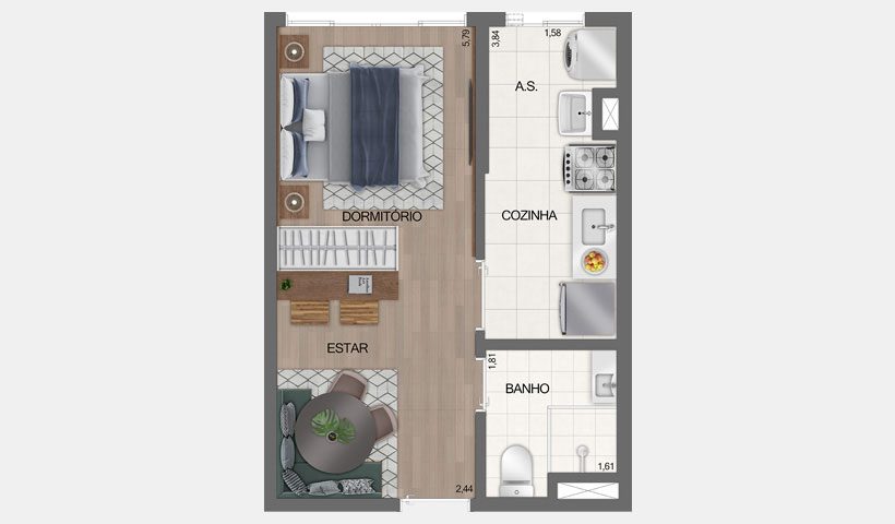 Planta do studio de 26 m² (final 10, Torre 2) do Fit Casa Estação José Bonifácio