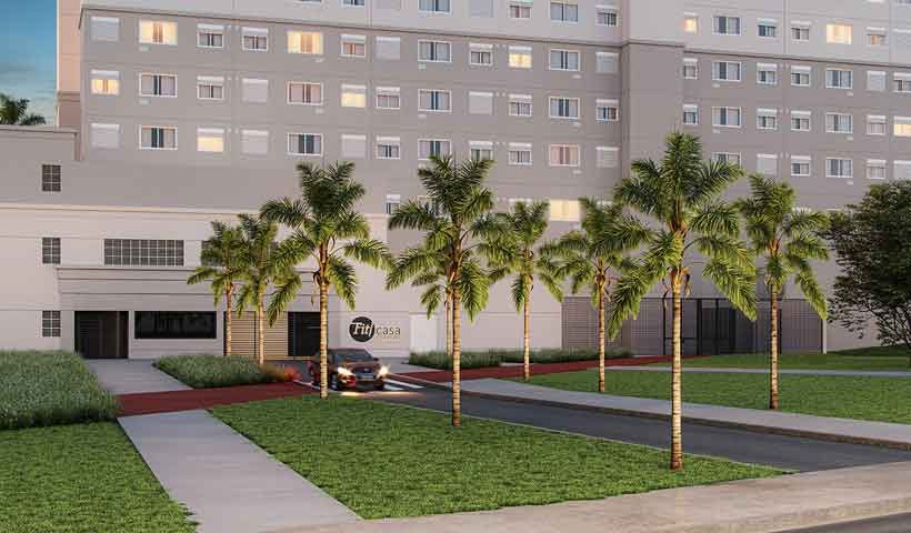 Perspectiva ilustrada da portaria pela Av. Nagib Farah Maluf do Fit Casa Estação José Bonifácio