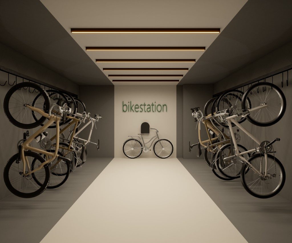 Perspectiva ilustrada do bicicletário do Mundo Apto Elevato Pinheiros