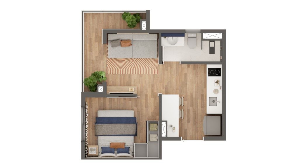 Planta humanizada de 1 dormitório com terraço (opção 1) — Mundo Apto Elevato Pinheiros