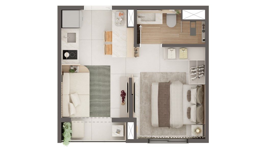 Planta humanizada de 1 dormitório com terraço (opção 2) — Mundo Apto Elevato Pinheiros