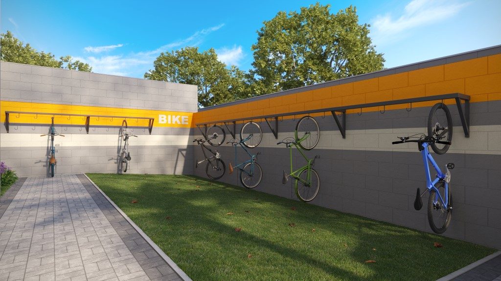 Perspectiva ilustrada de bicicletário do Mundo Apto Essência Ipiranga