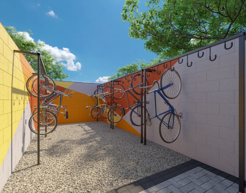 Perspectiva ilustrada de bicicletário do Mundo Apto Estação Borba Gato