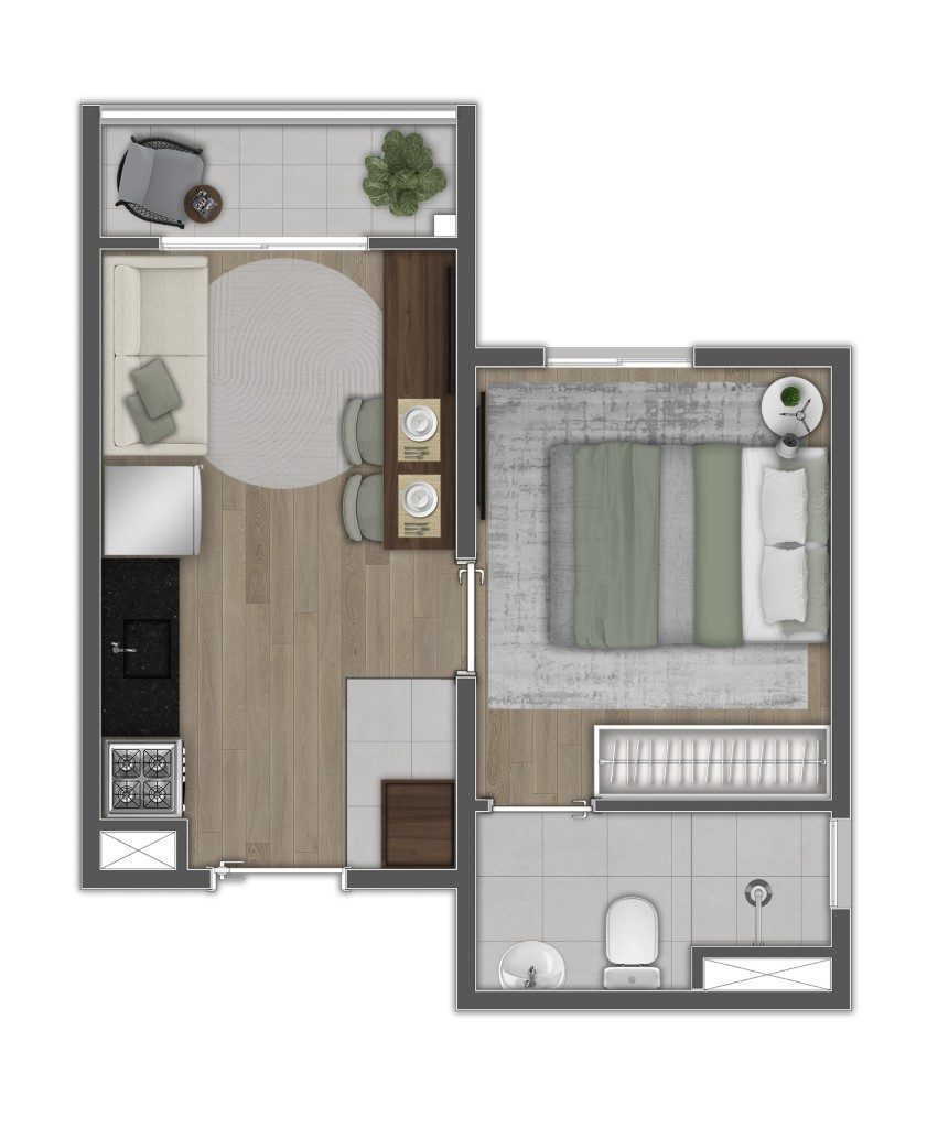 Planta humanizada de 1 dormitório (final 2) — Mundo Apto Estação Borba Gato