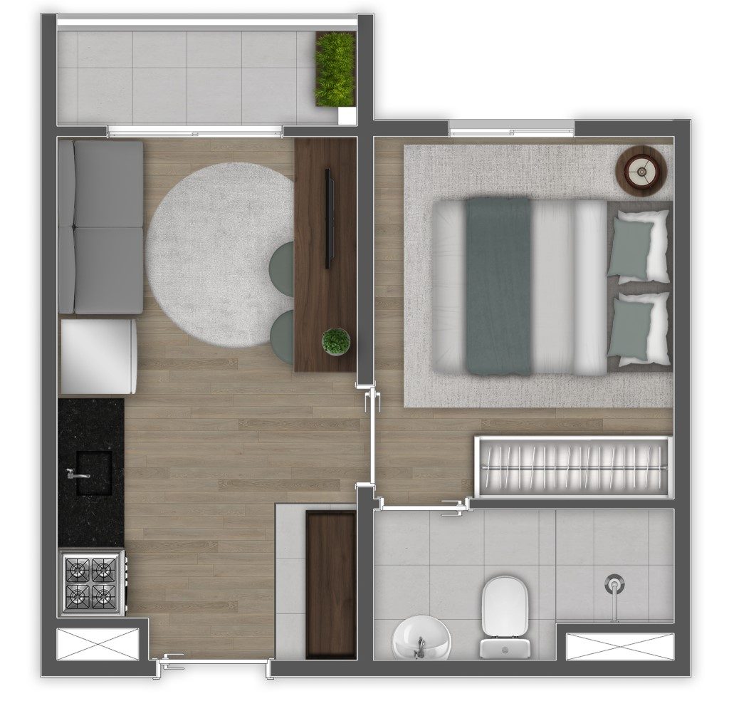 Planta humanizada de 1 dormitório (final 4) — Mundo Apto Estação Borba Gato