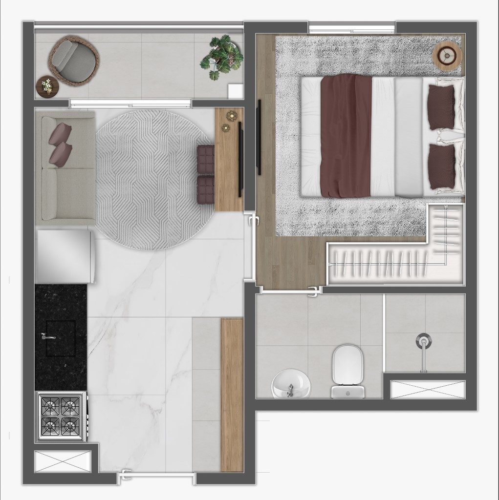 Planta humanizada de 1 dormitório (final 7) — Mundo Apto Estação Borba Gato
