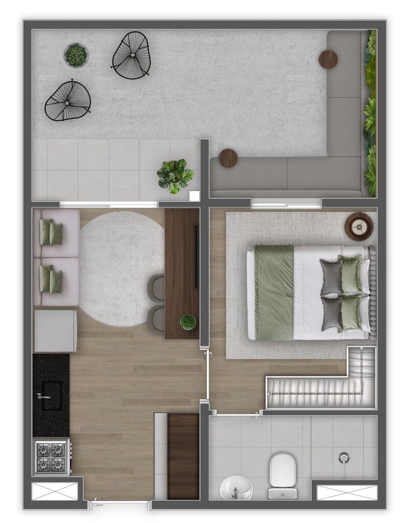 Planta humanizada de 1 dormitório garden (final 15) — Mundo Apto Estação Borba Gato