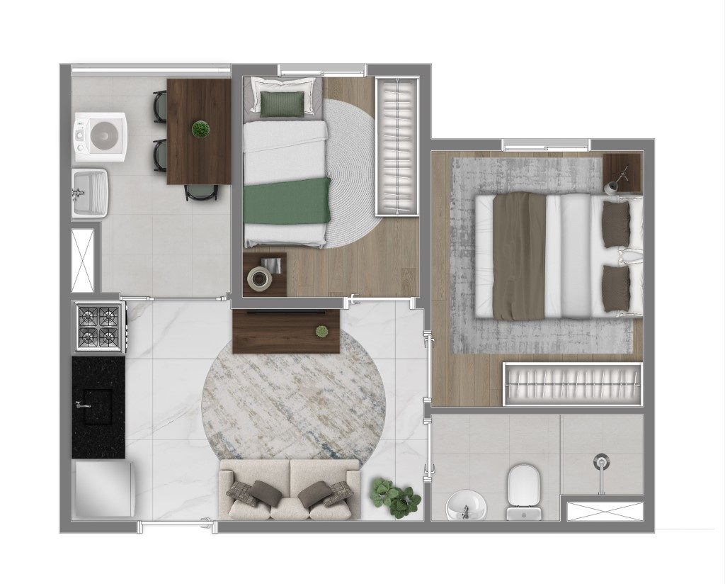 Planta humanizada de 2 dormitórios (final 11) — Mundo Apto Estação Borba Gato