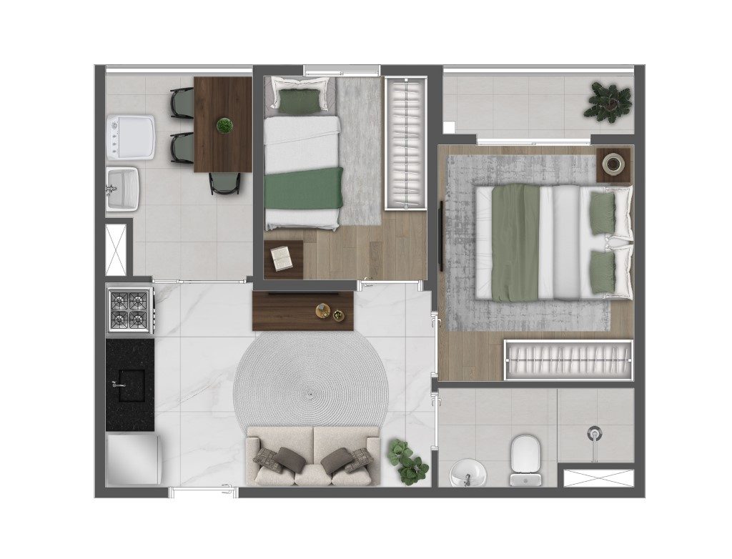 Planta humanizada de 2 dormitórios (final 17) — Mundo Apto Estação Borba Gato