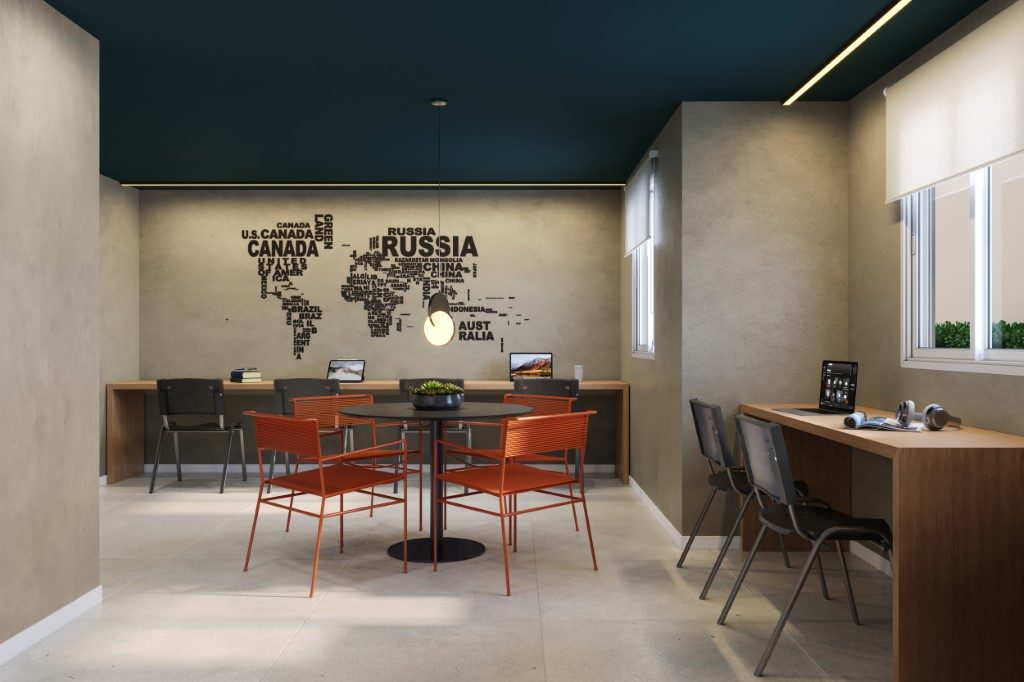 Perspectiva ilustrada de coworking do Mundo Apto Estação Conceição