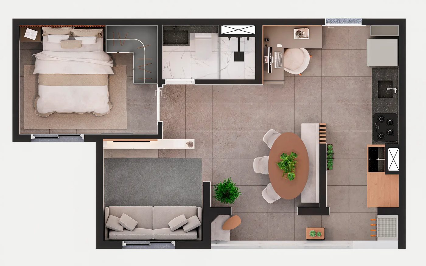 Planta do decorado de 2 dormitórios de 38 m² do Nort Limão