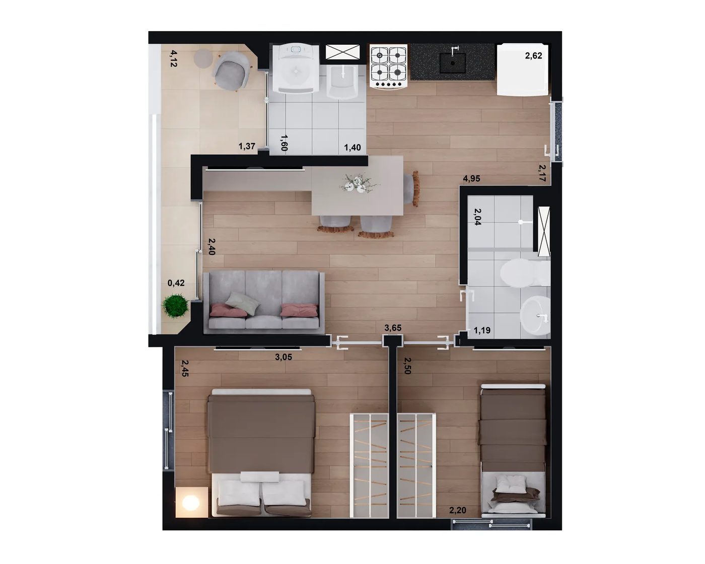 Planta Tipo A, 2 dormitórios, 39 m², do Nort Limão
