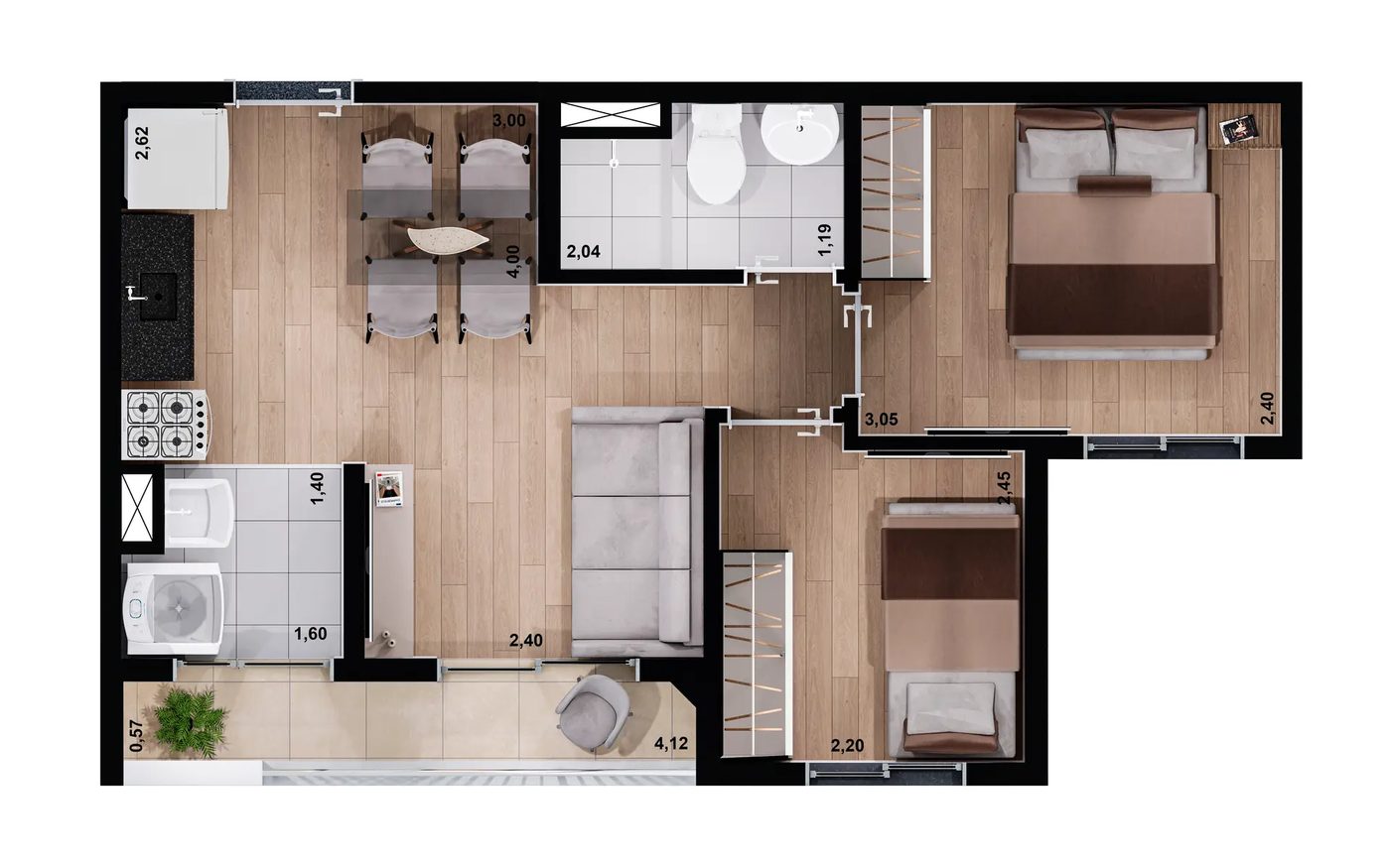 Planta Tipo B, 2 dormitórios, 38 m², do Nort Limão