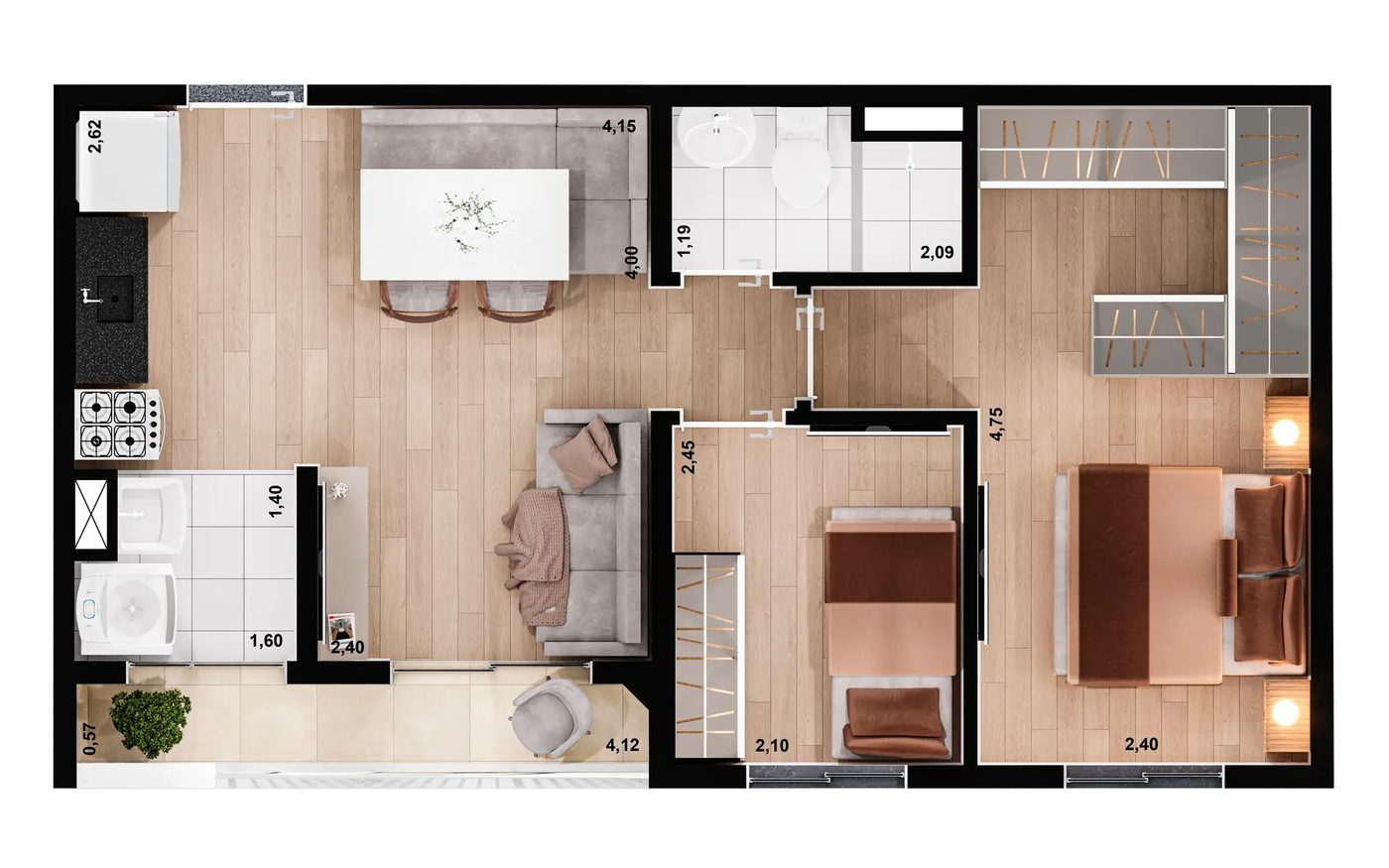 Planta Tipo C, 2 dormitórios, 45 m², do Nort Limão