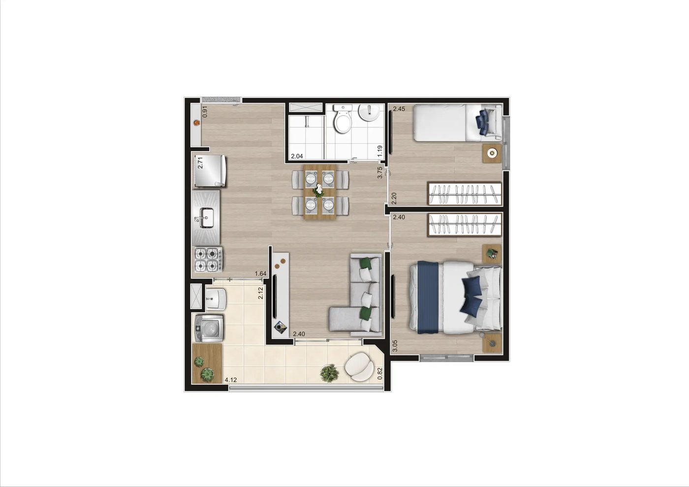 Planta Tipo 41,89 m², 2 dormitórios, final 03, do NOW Tucuruvi
