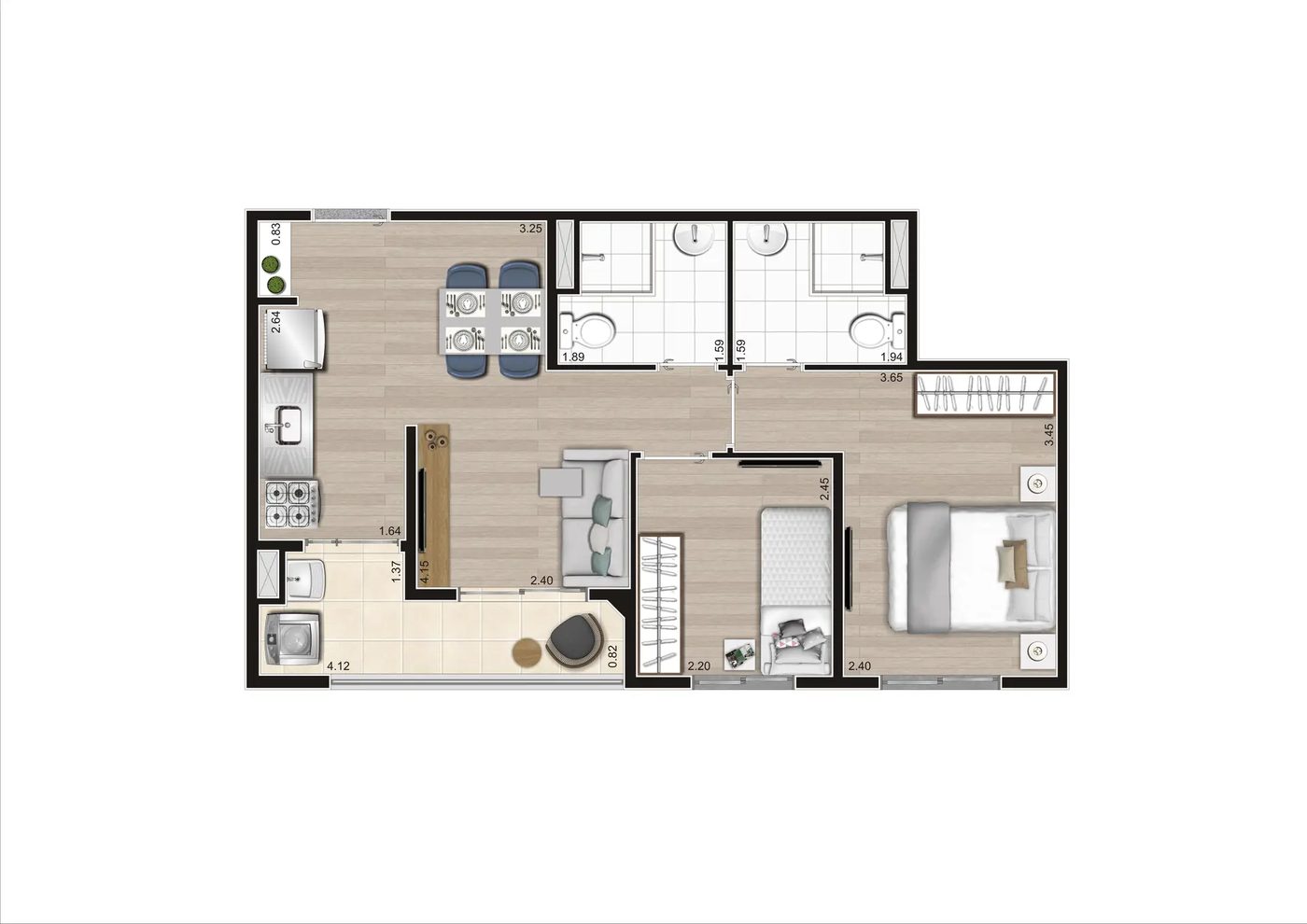 Planta Tipo 47,12 m², 2 dormitórios, finais 07 e 11, do NOW Tucuruvi