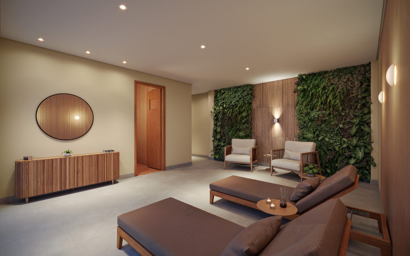 Perspectiva ilustrada de ambiente de descanso com jardim vertical do Parque das Perdizes