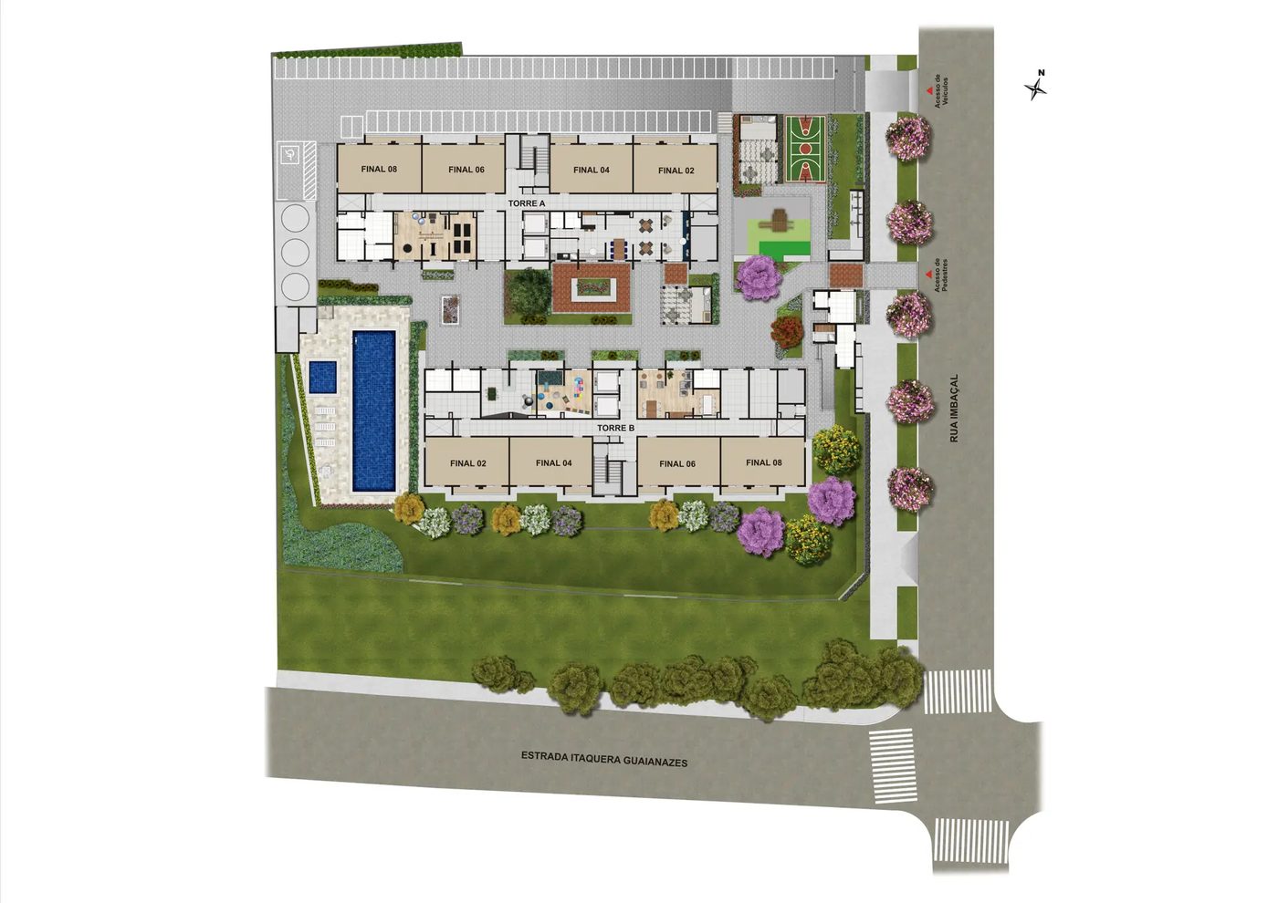 Implantação do Vero Encanto: torres, piscina, quadra e áreas de lazer