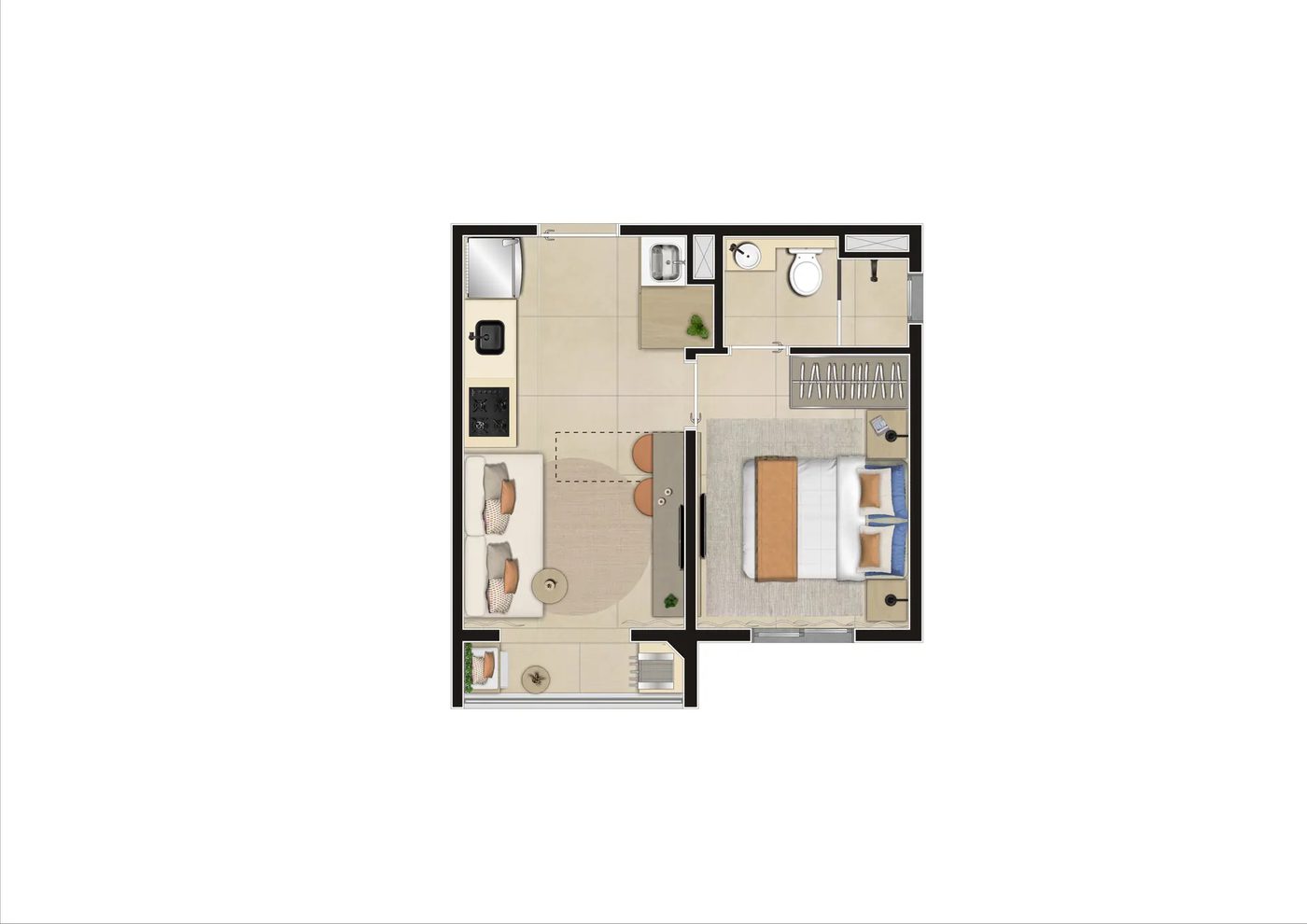 Planta do decorado Tipo A (meio), 1 dormitório com terraço, 26,86 m², do Vero Encanto