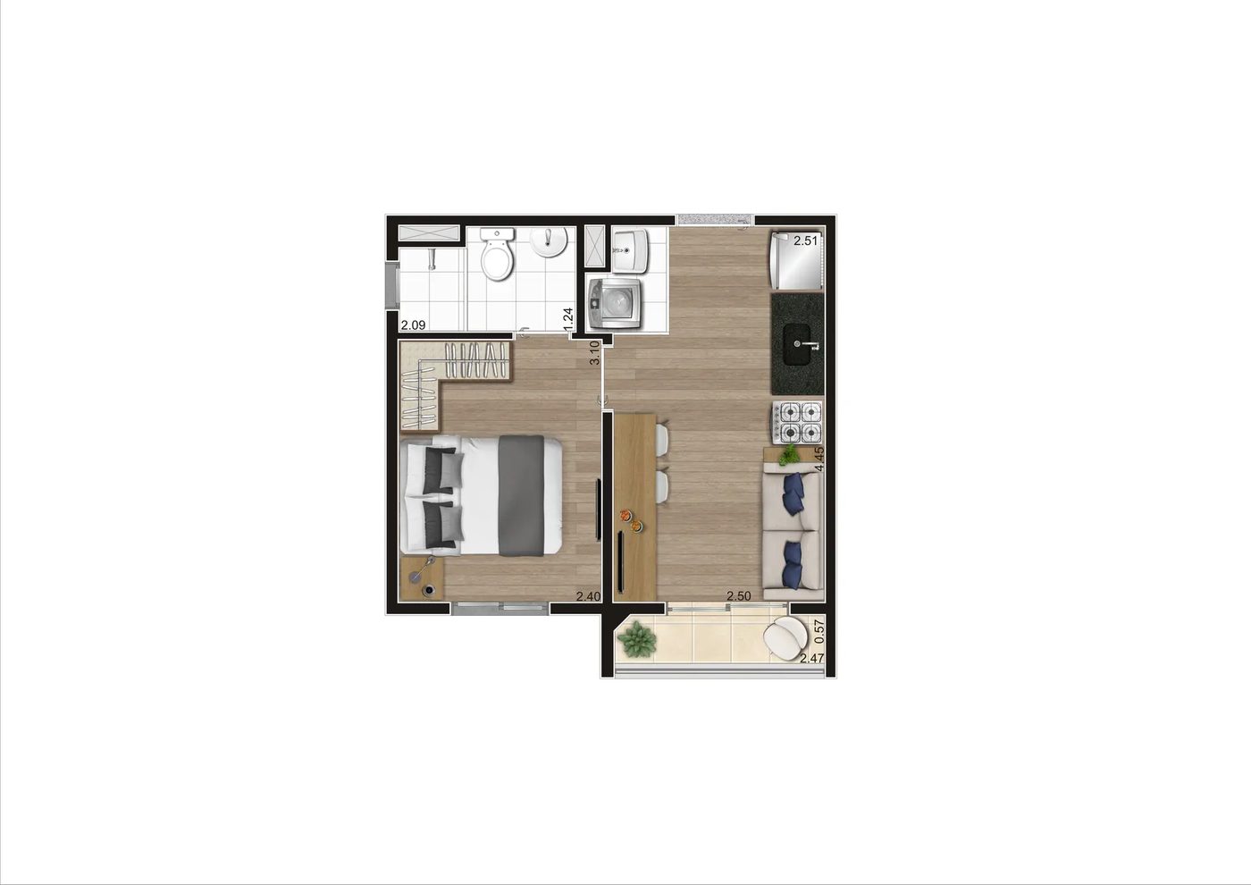 Planta Tipo A (ponta), 1 dormitório com terraço, 26,81 m², do Vero Encanto