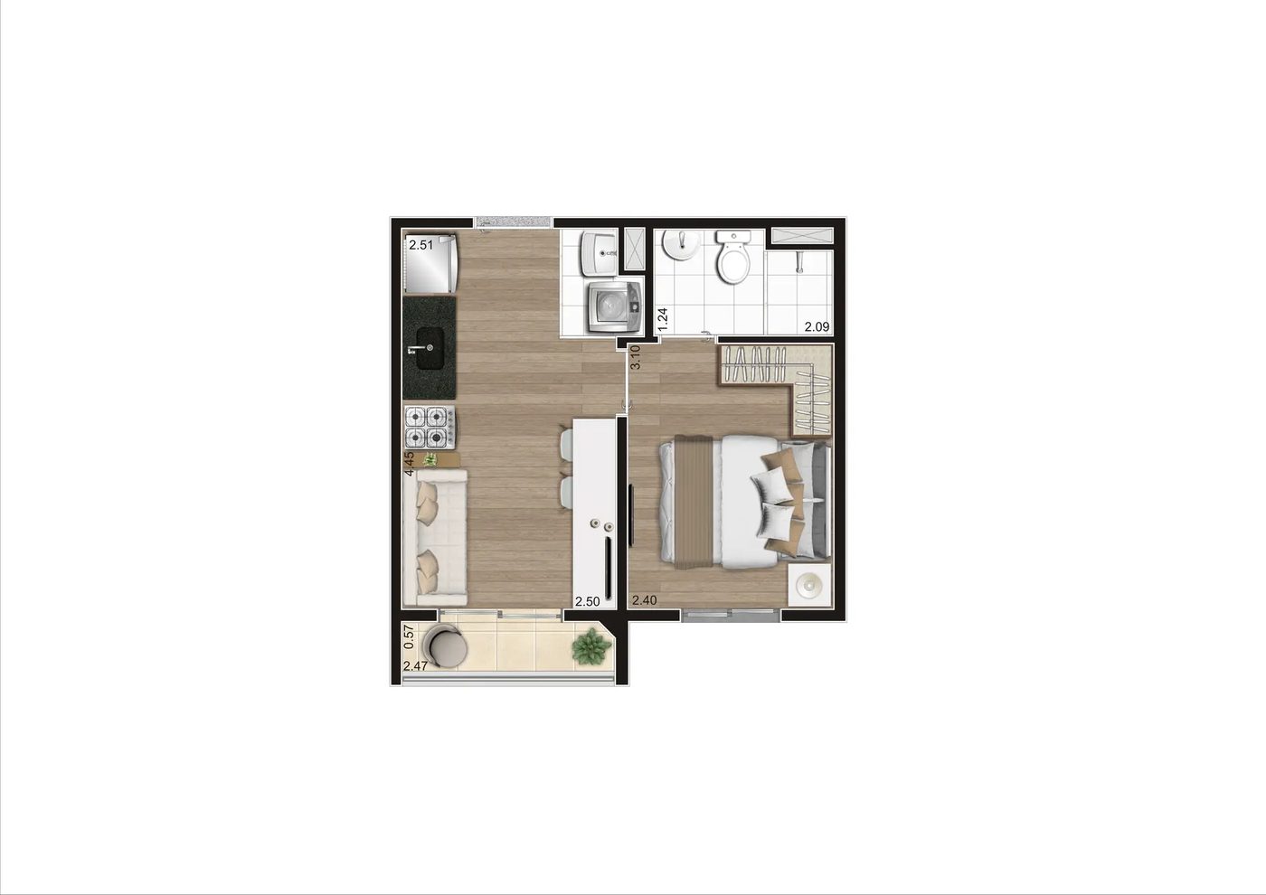 Planta Tipo B (meio), 1 dormitório com terraço, 26,48 m², do Vero Encanto