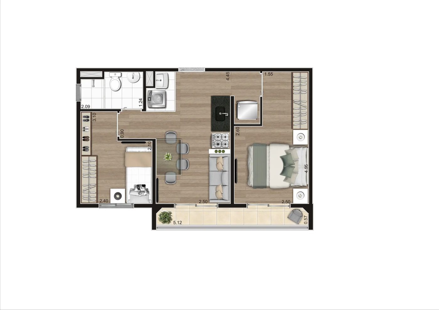 Planta Tipo C (ponta), 2 dormitórios com terraço, 41,41 m², do Vero Encanto
