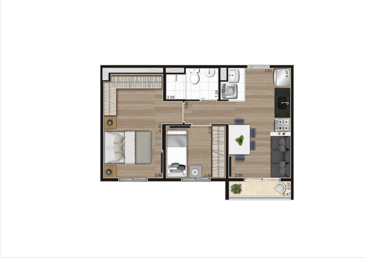 Planta Tipo D (meio), 2 dormitórios com terraço, 38,74 m², do Vero Encanto
